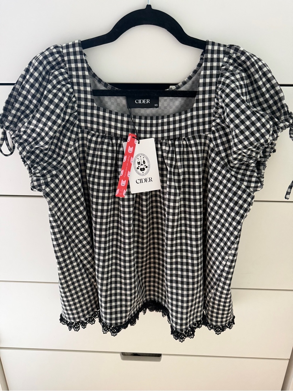 Cider Black & White Gingham Square-Neck Puff Sleeve Blouse - Picture 3 of 5